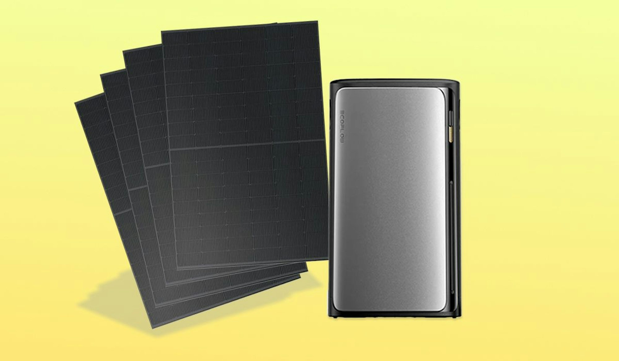 EcoFlow Stream Ultra Speicher mit vier bifazialen 500-Watt-Solarmodulen auf einem Balkon, daneben Smart Meter.
