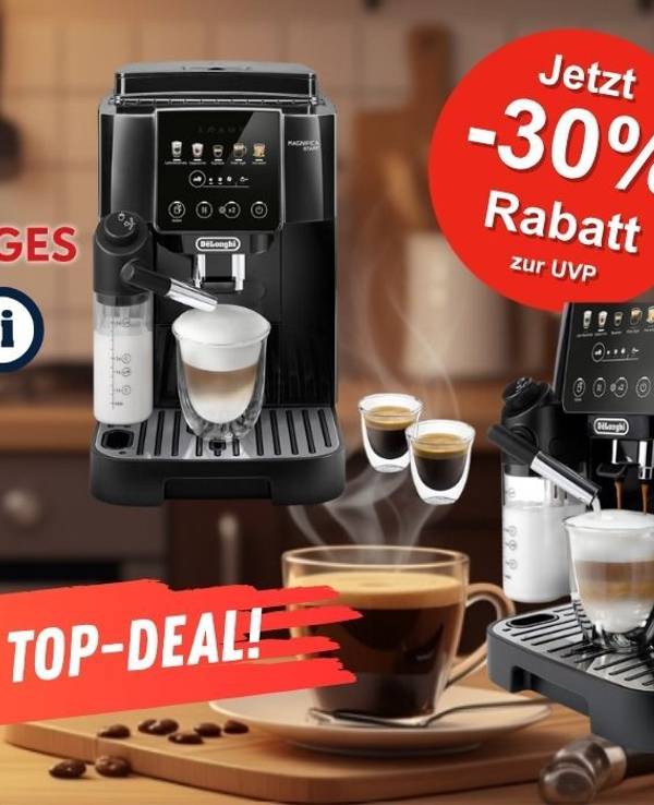 De’Longhi Magnifica Start ECAM220.91.B Kaffeevollautomat vor einer Küche im Hintergrund mit EXPRESS Deal des Tages Logo.