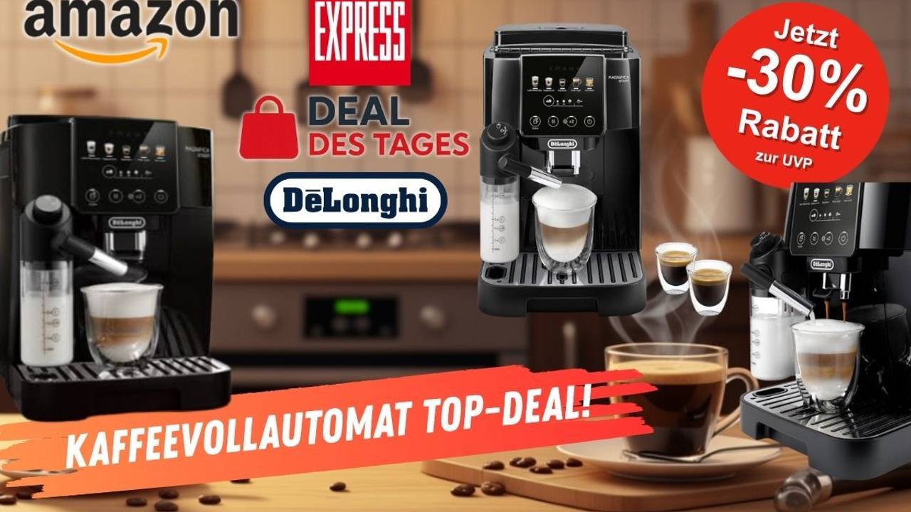 De’Longhi Magnifica Start ECAM220.91.B Kaffeevollautomat vor einer Küche im Hintergrund mit EXPRESS Deal des Tages Logo.