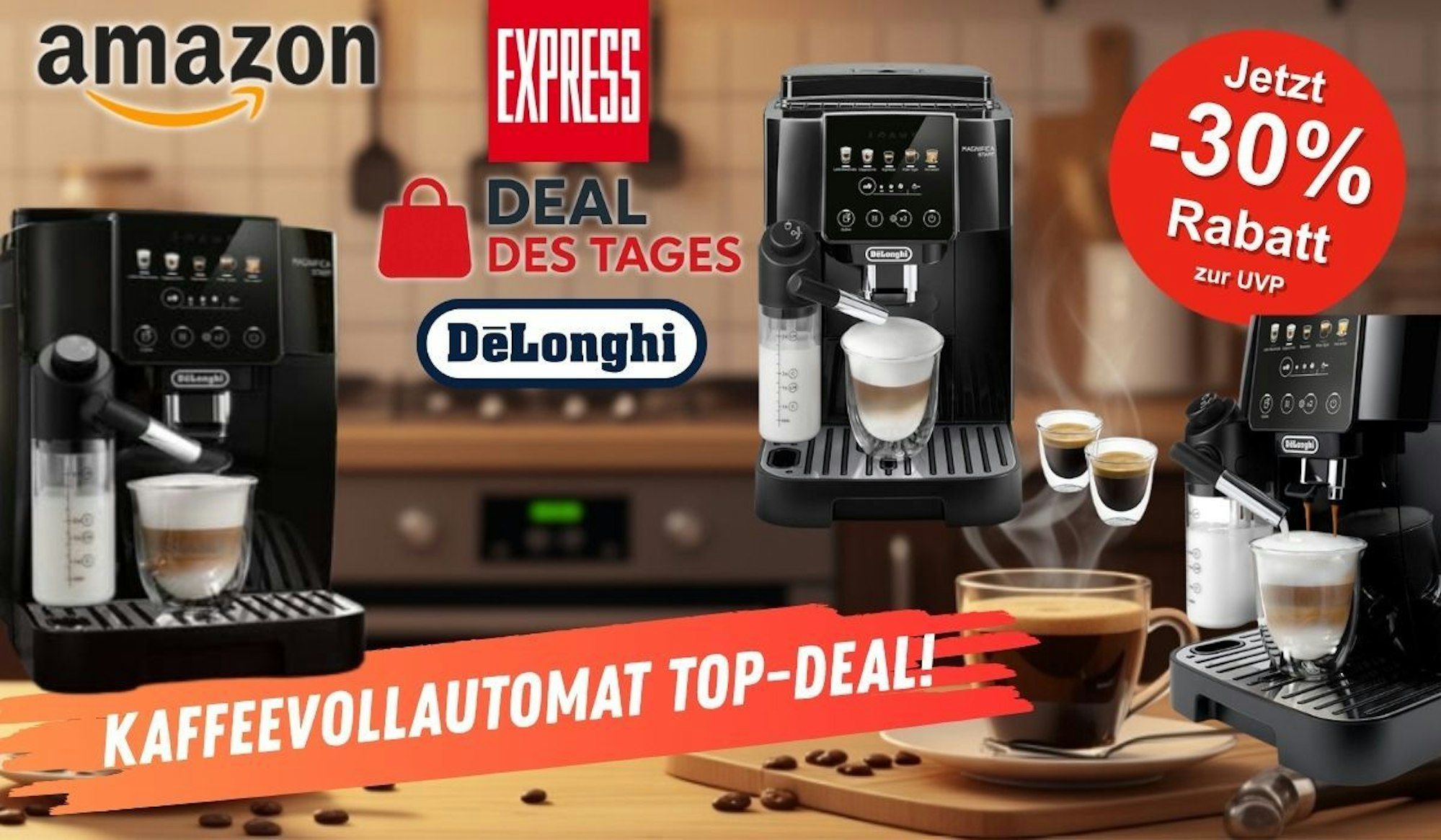 De’Longhi Magnifica Start ECAM220.91.B Kaffeevollautomat vor einer Küche im Hintergrund mit EXPRESS Deal des Tages Logo.