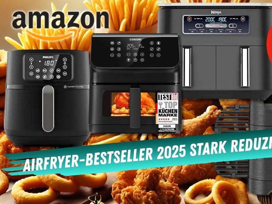 Airfryer Heißluftfritteusen von Cosori, Ninja, Tefal und Philips vor vielen Pommes, Chicken Nuggets, Hänchen und mehr.
