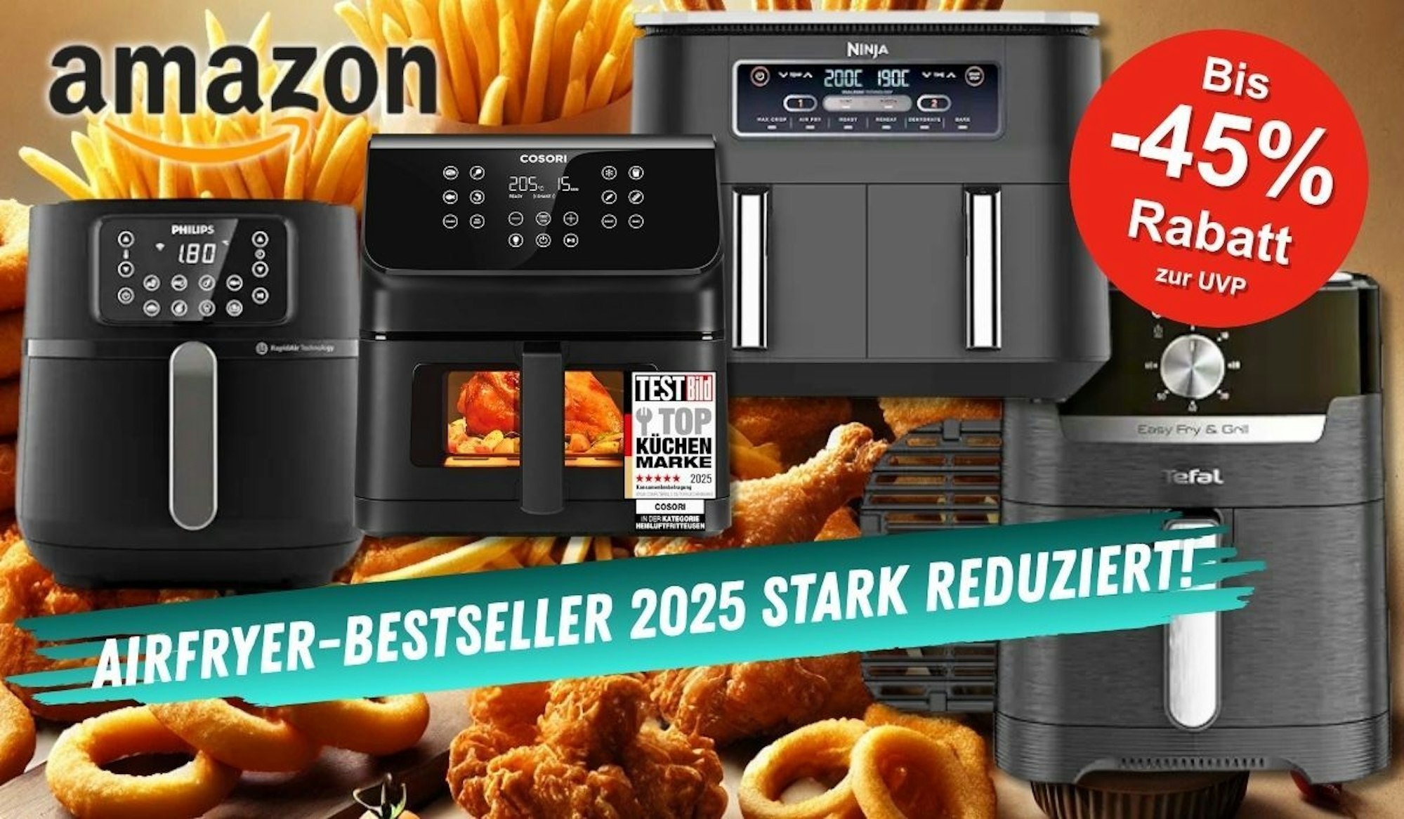Airfryer Heißluftfritteusen von Cosori, Ninja, Tefal und Philips vor vielen Pommes, Chicken Nuggets, Hänchen und mehr.