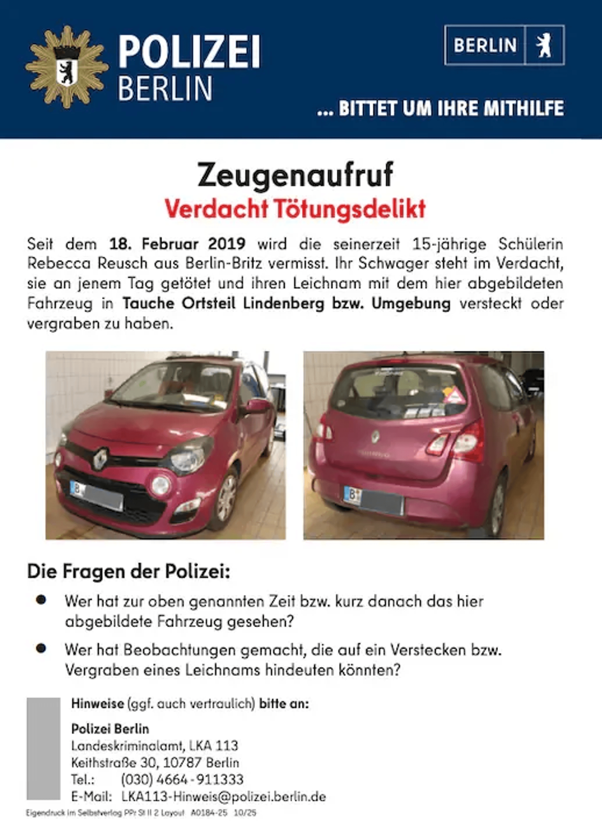 Durch diesen Zeugenaufruf erhofft sich die Polizei neue Hinweise im Fall der vermissten Rebecca.