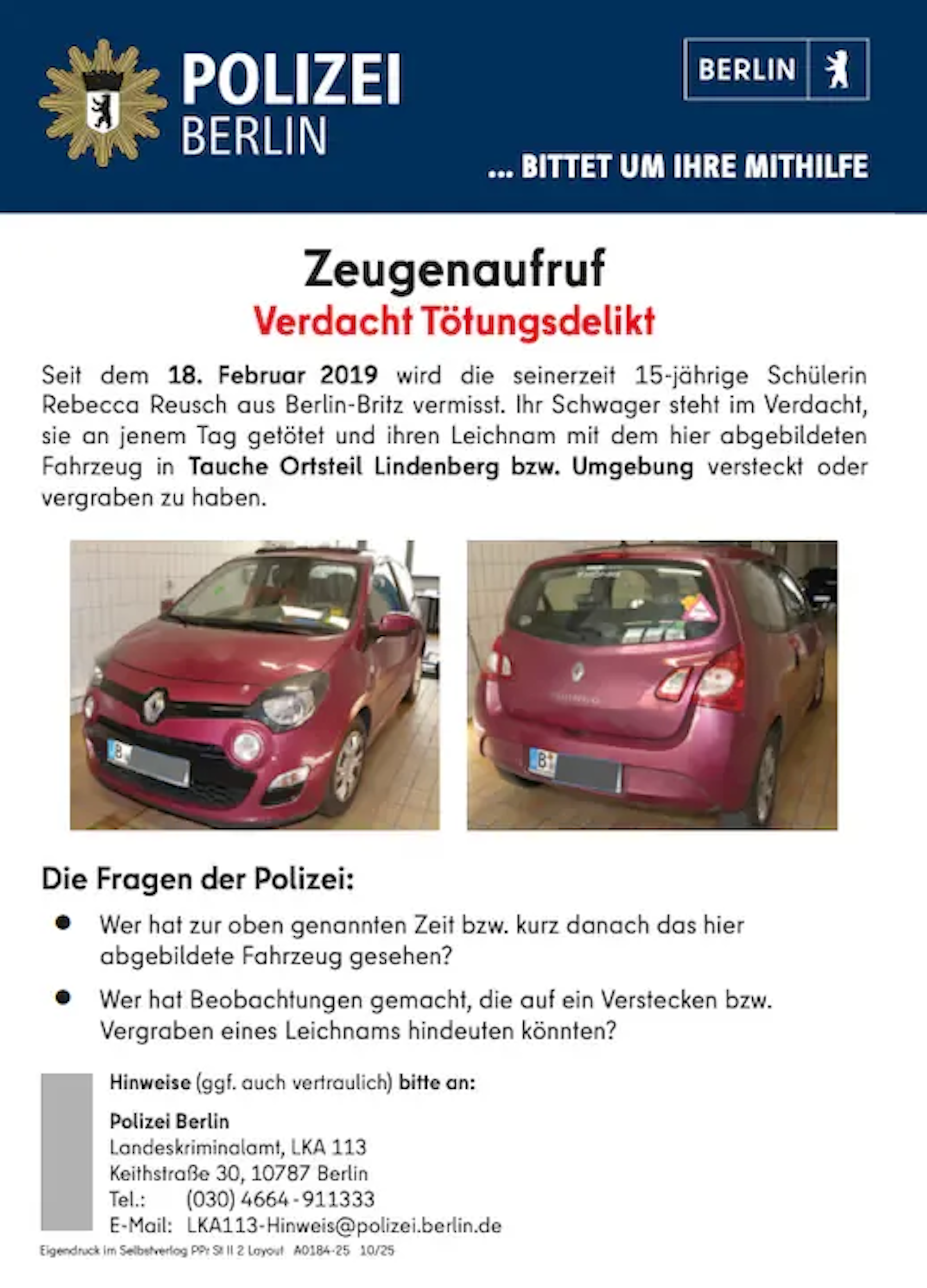 Durch diesen Zeugenaufruf erhofft sich die Polizei neue Hinweise im Fall der vermissten Rebecca.