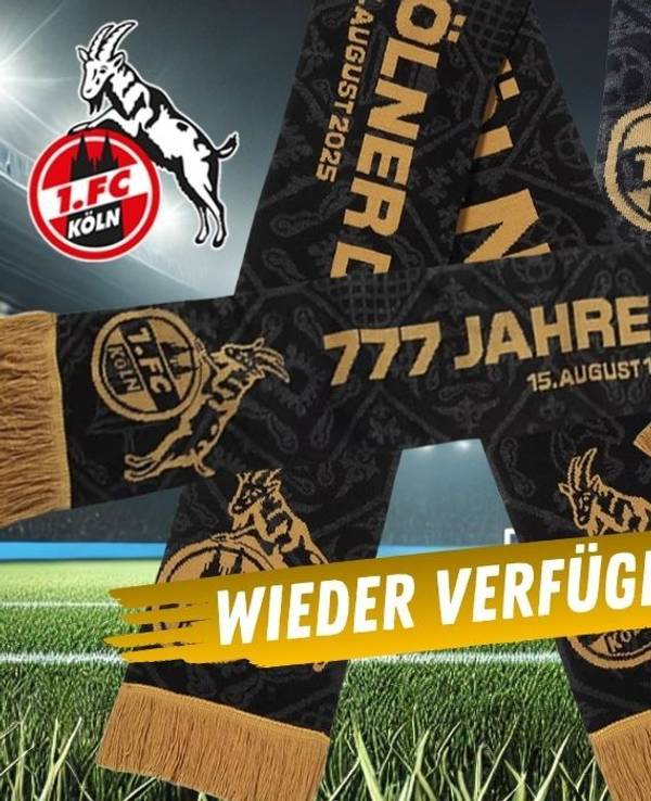 Der Premiumschal Ausweichtrikot 777 Jahre Kölner Dom vom 1. FC Köln vor einem Fußball-Stadion bei Nacht im Hintergrund.