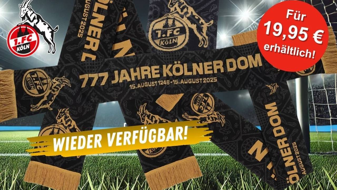 Der Premiumschal Ausweichtrikot 777 Jahre Kölner Dom vom 1. FC Köln vor einem Fußball-Stadion bei Nacht im Hintergrund.