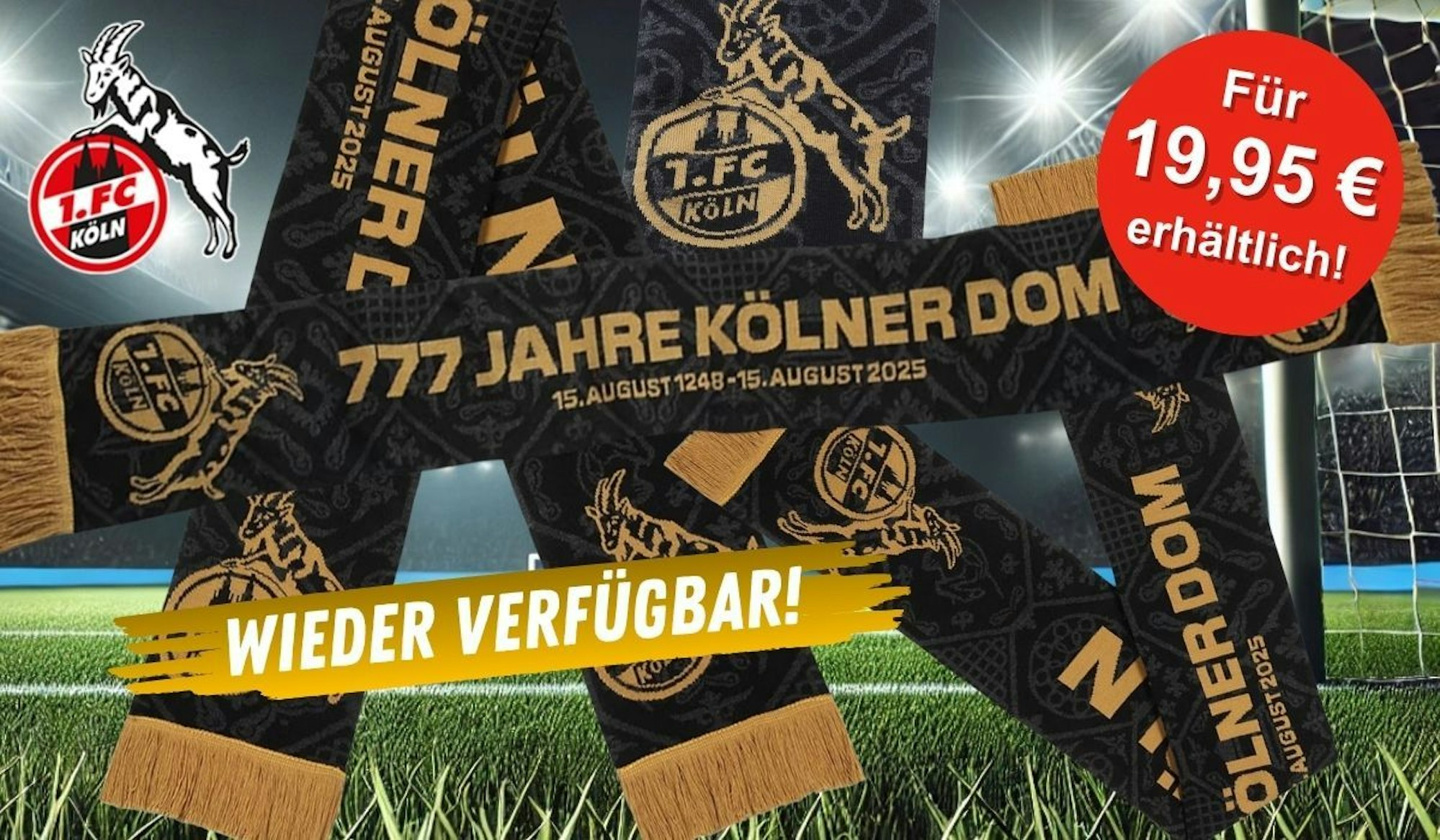 Der Premiumschal Ausweichtrikot 777 Jahre Kölner Dom vom 1. FC Köln vor einem Fußball-Stadion bei Nacht im Hintergrund.