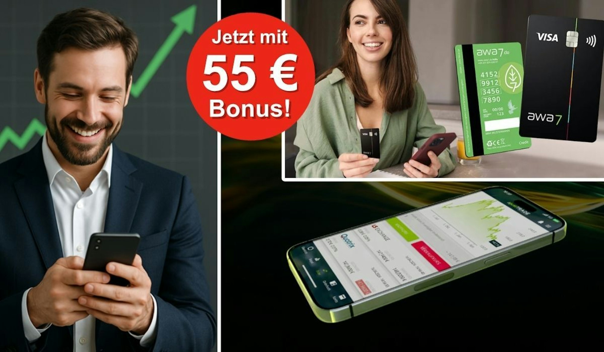 Ein junger Mann schaut lächelnd auf sein Smartphone. Daneben ein Smartphone mit awa7 App auf dem Display. Eine junge Frau lächelt und hält die awa7 Visa Kreditkarte und ein Smartphone in der Hand.