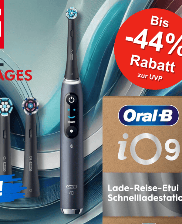 Verschiedene Produktbilder von der Oral-B iO Series 9 Zahnbürste vor einem blauen Hintergrund.
