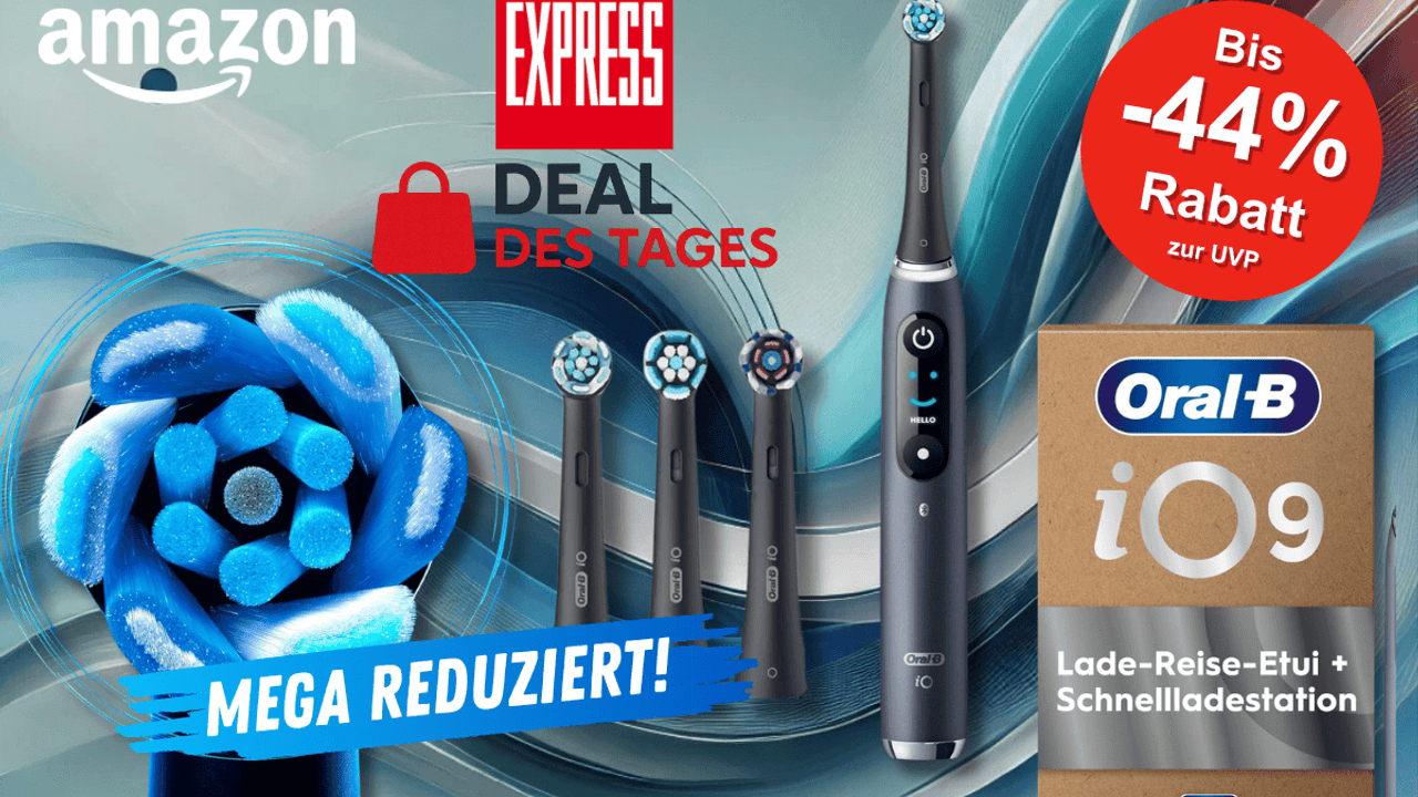 Verschiedene Produktbilder von der Oral-B iO Series 9 Zahnbürste vor einem blauen Hintergrund.