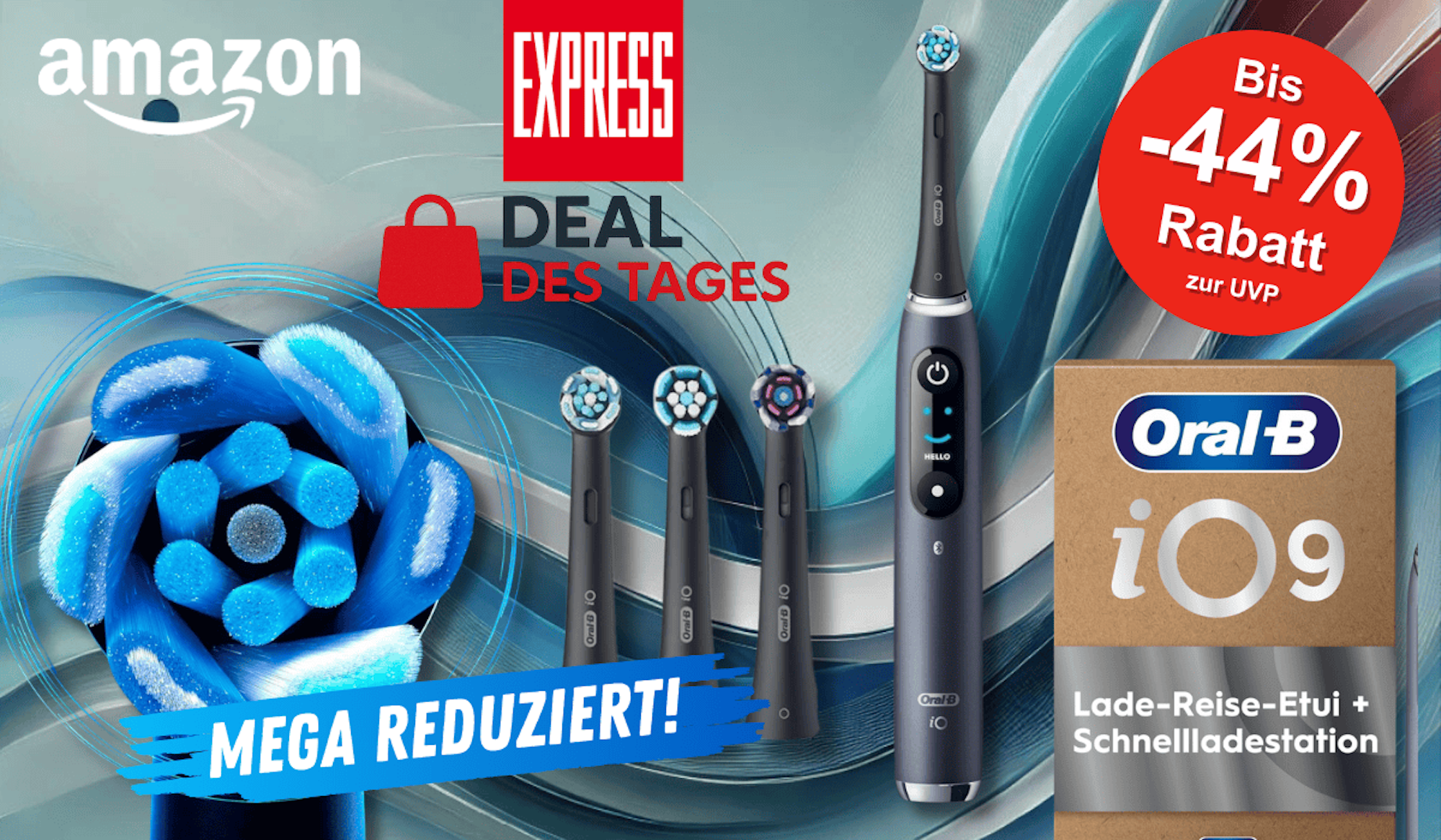 Verschiedene Produktbilder von der Oral-B iO Series 9 Zahnbürste vor einem blauen Hintergrund.