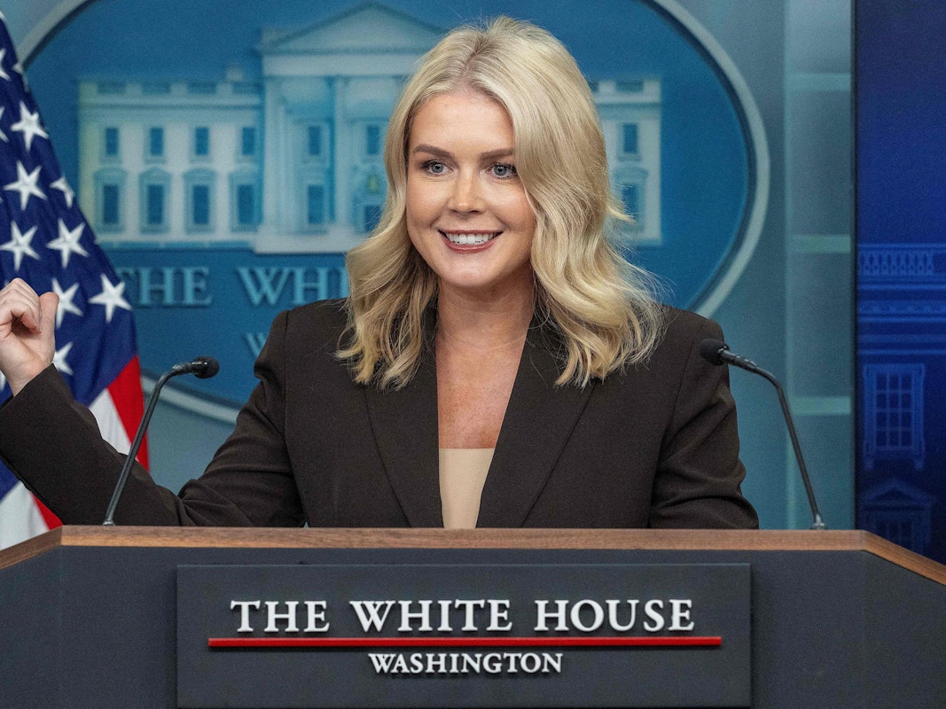 Karoline Leavitt spricht bei einer Pressekonferenz im Weißen Haus.