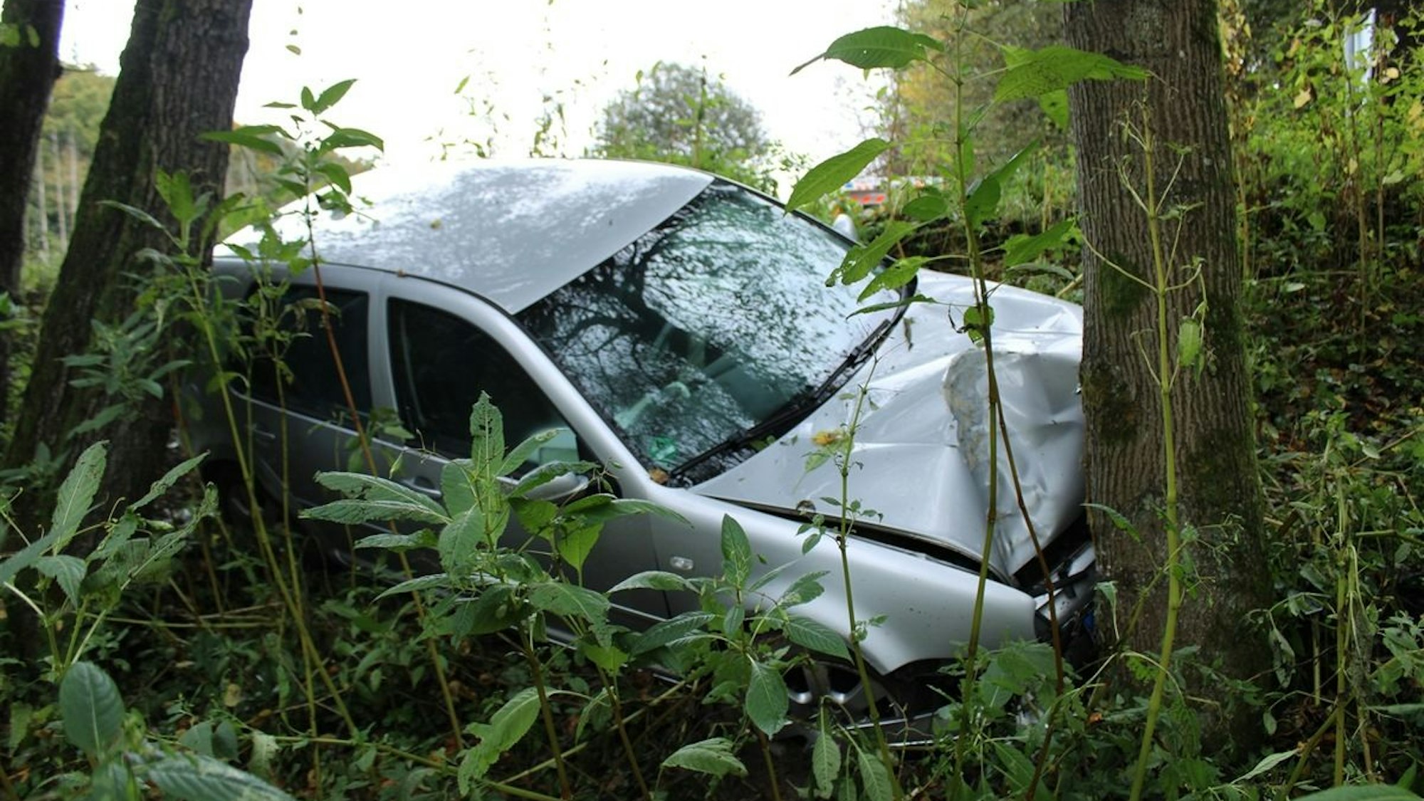 Ein Auto steht nach einem Unfall im Straßengraben.