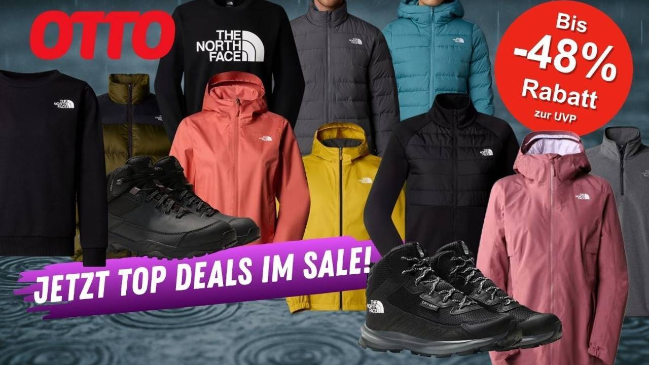 The North Face Jacken, Pullover, Schuhe und mehr vor einem regnerischen Hintergrund.
