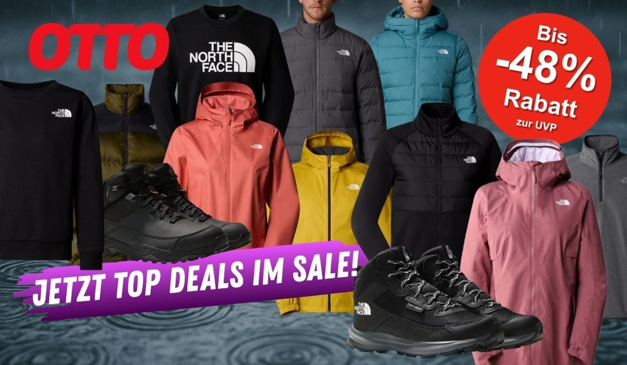 The North Face Jacken, Pullover, Schuhe und mehr vor einem regnerischen Hintergrund.