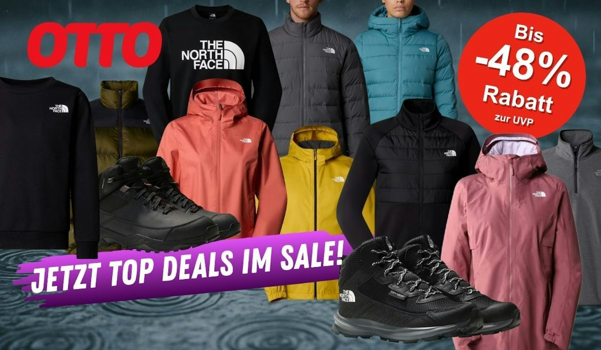 The North Face Jacken, Pullover, Schuhe und mehr vor einem regnerischen Hintergrund.