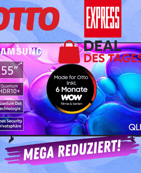 Der Samsung QLED Fernseher vor einem blauen Hintergrund.