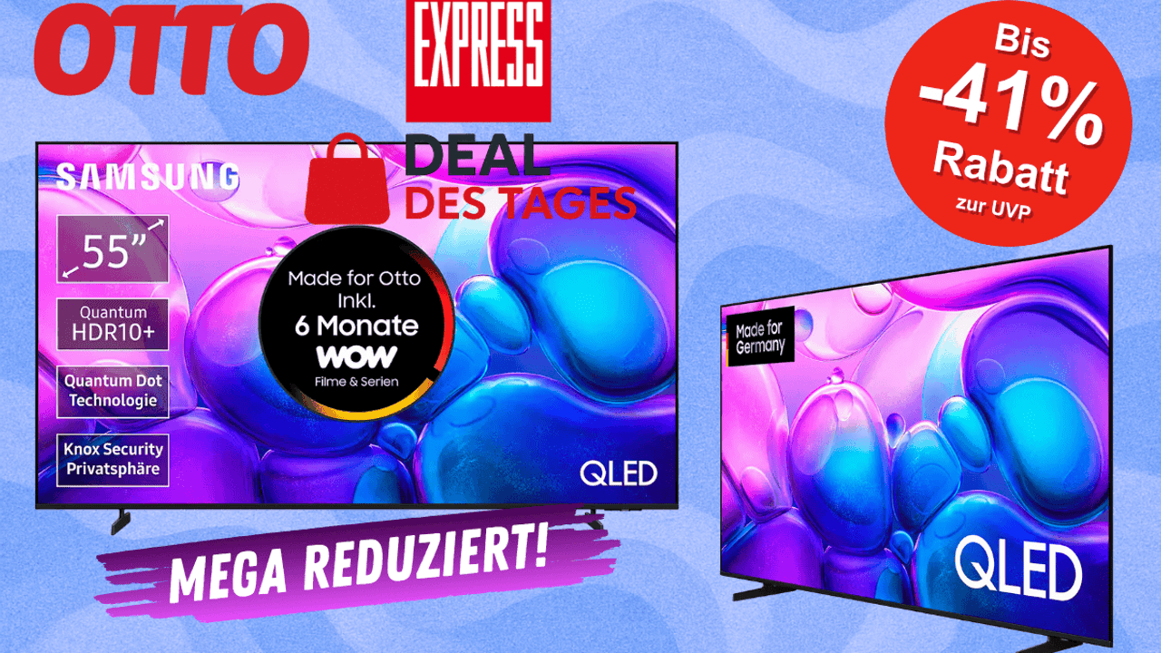 Der Samsung QLED Fernseher vor einem blauen Hintergrund.
