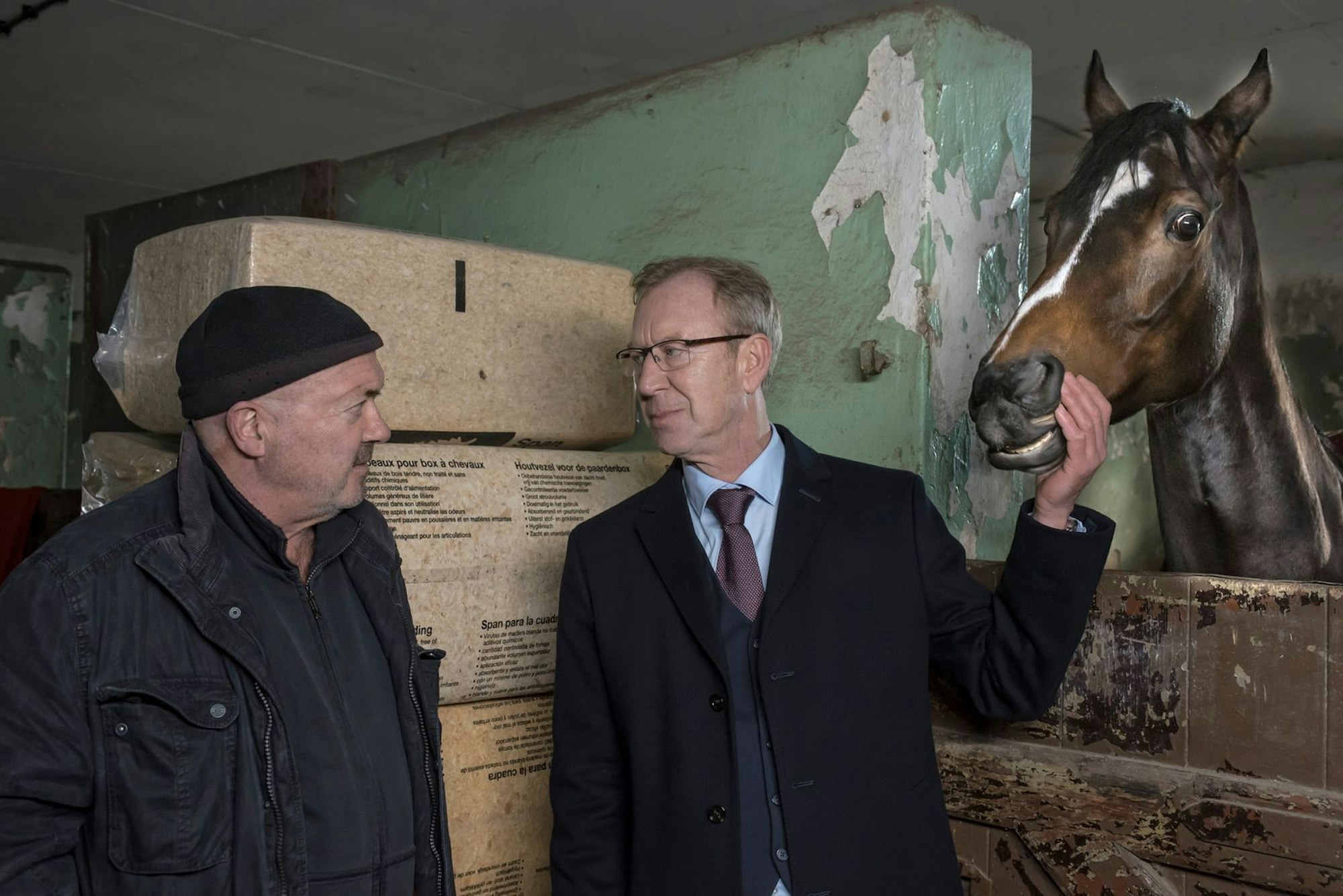 Otto Garber (Florian Martens, links) begegnet im Pferdestall der Rennbahn seinem alten Feind Rainer Michaelsen (Oliver Stritzel). Ein Zufall? Wohl kaum ...
 (Bild: ZDF / Katrin Knoke)