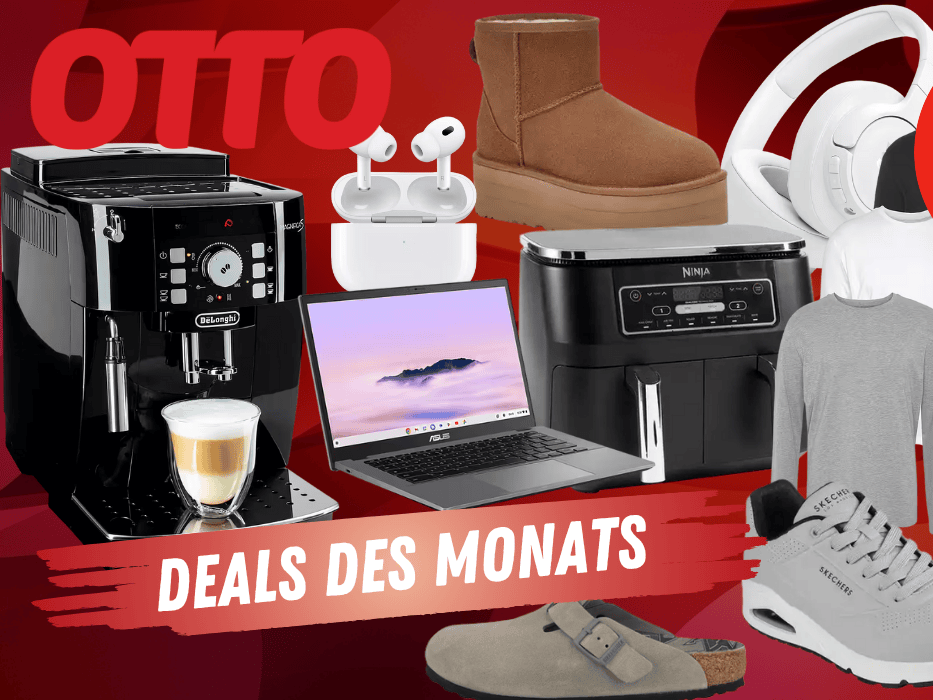 Verschiedene Produktbilder von Kaffeeautomaten bis hin zu Stanley Cups vor einem roten Hintergrund.