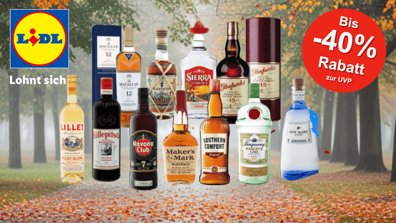 Alkoholflaschen Whisky, Gin, Rum, Tequila, Lillet vor einem herbstlichen Hintergrund.
