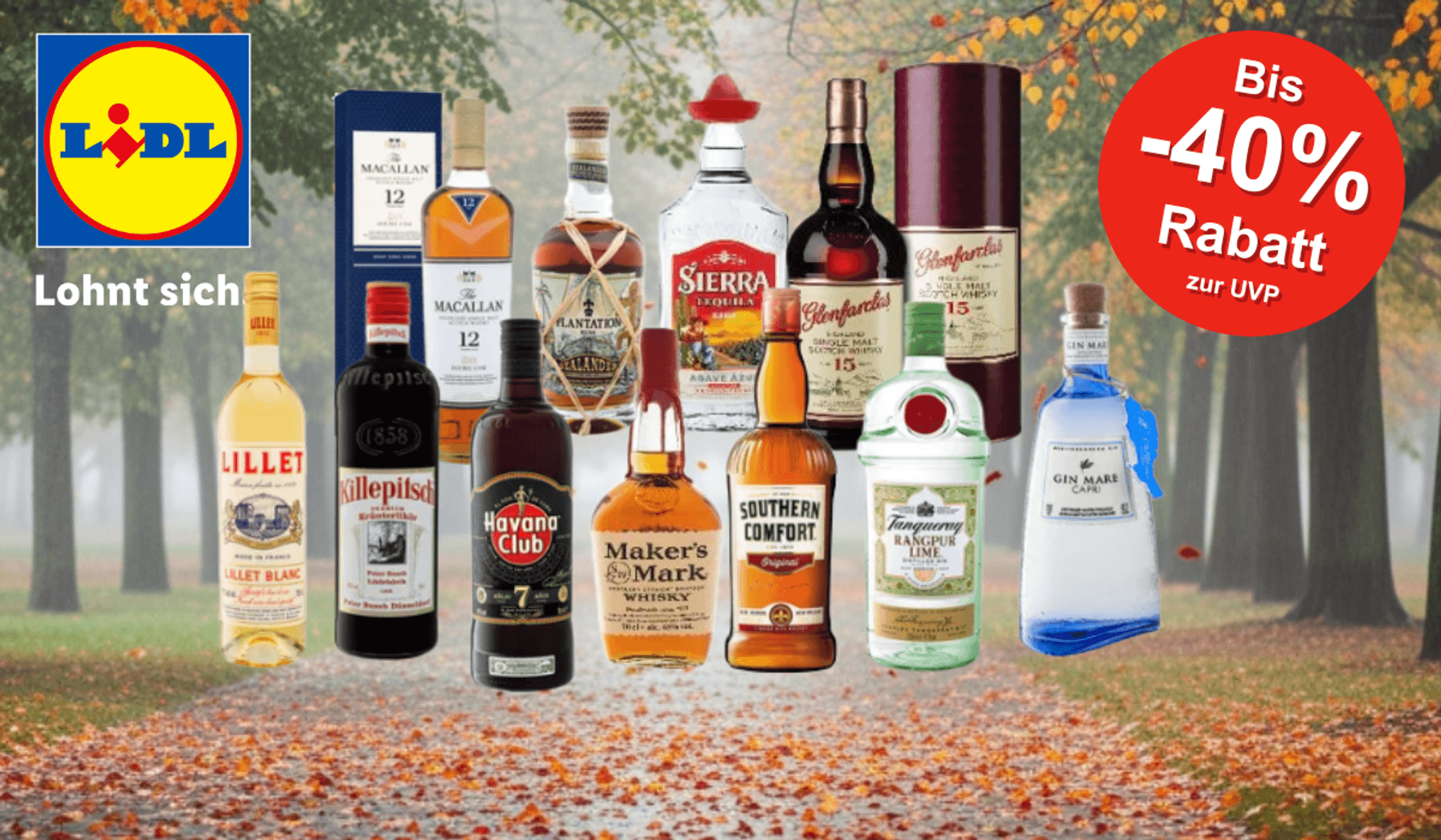 Alkoholflaschen Whisky, Gin, Rum, Tequila, Lillet vor einem herbstlichen Hintergrund.