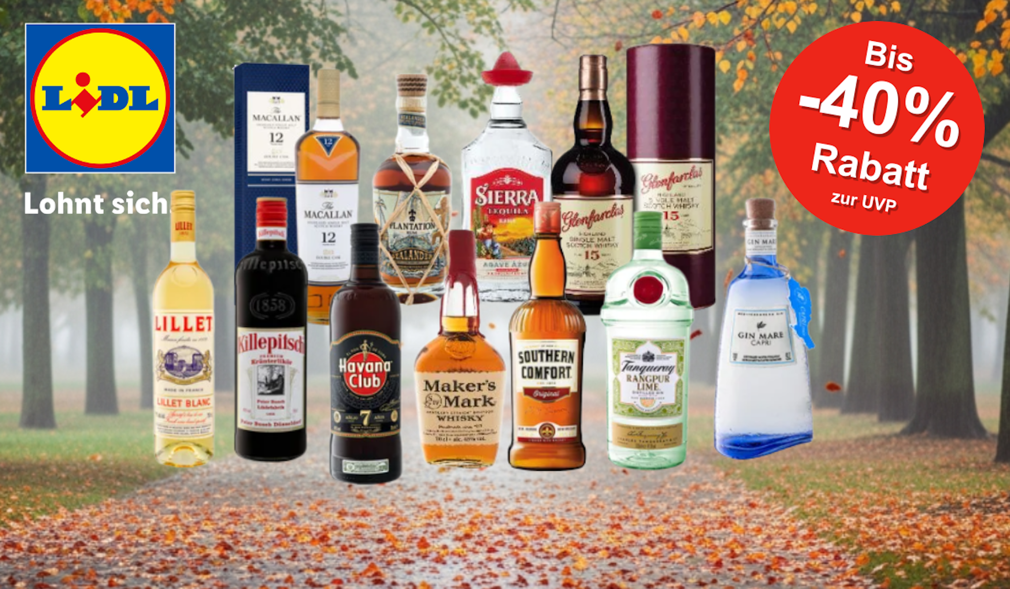 Alkoholflaschen Whisky, Gin, Rum, Tequila, Lillet vor einem herbstlichen Hintergrund.