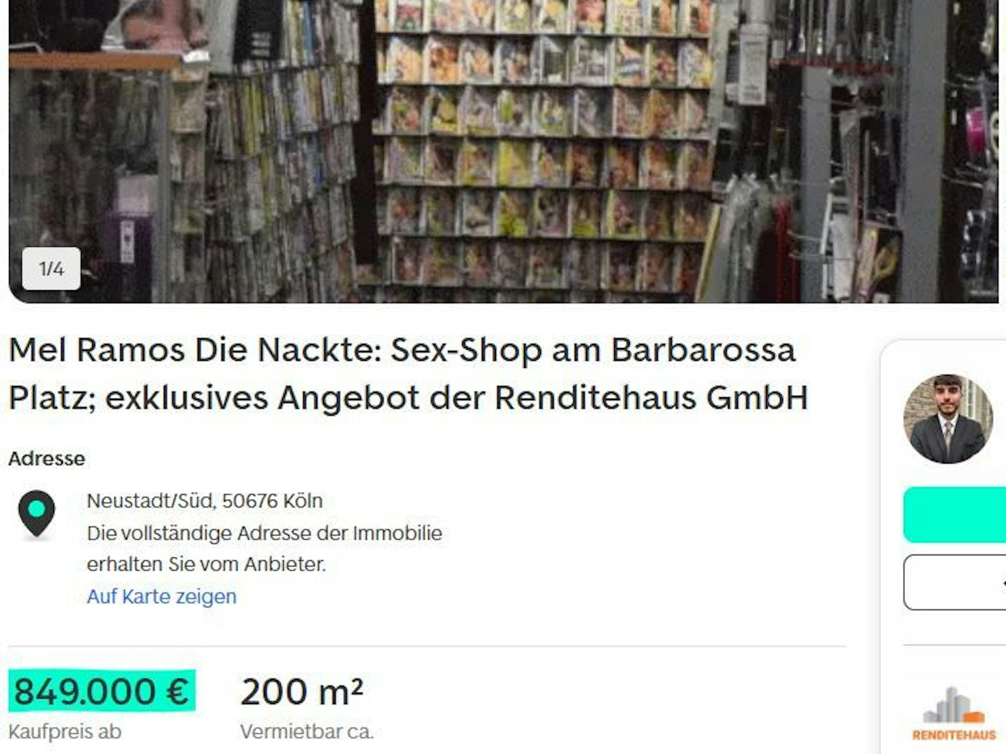 Mit dieser Anzeige soll das Porno-Imperium am Barbarossaplatz verkauft werden.
