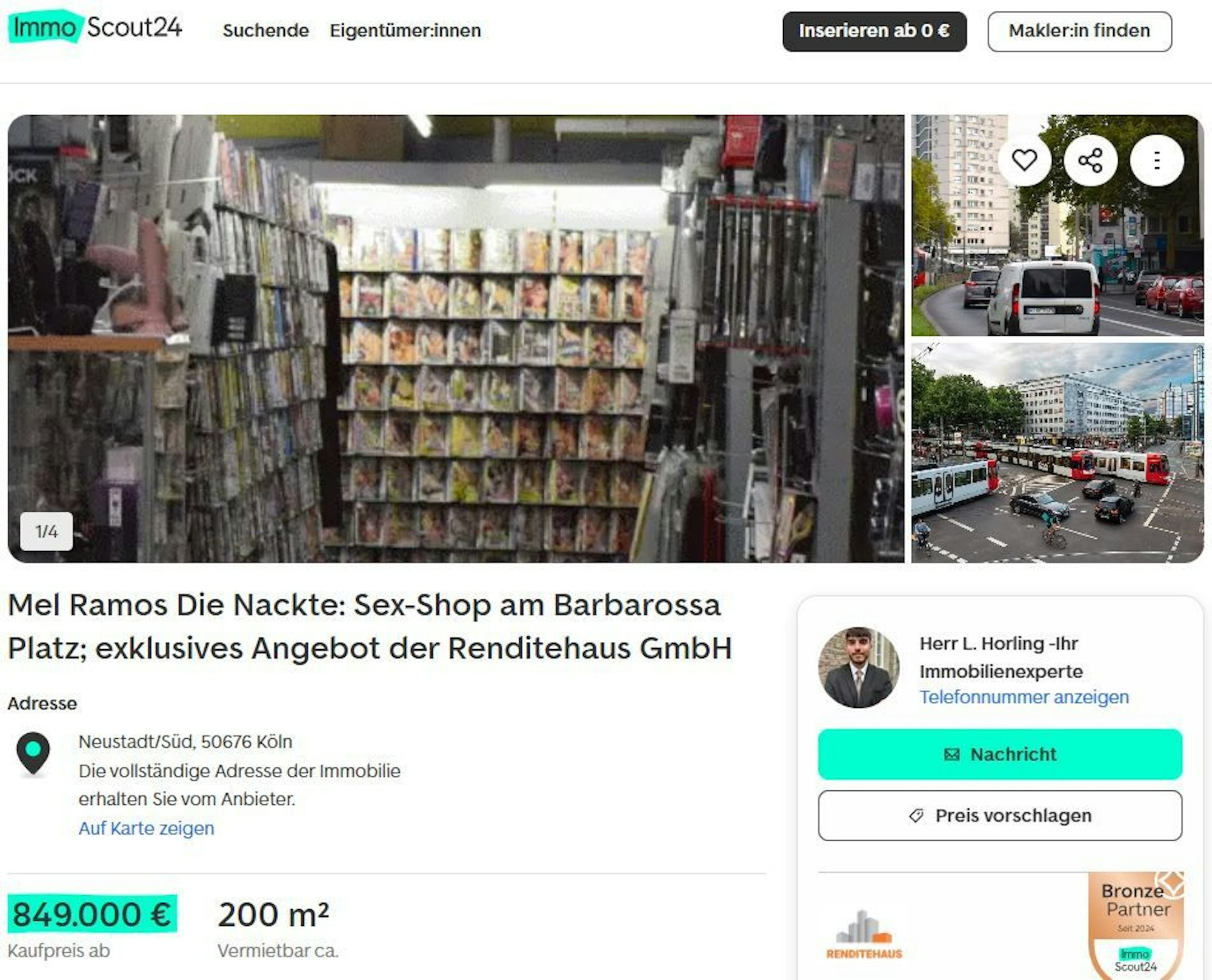 Mit dieser Anzeige soll das Porno-Imperium am Barbarossaplatz verkauft werden.