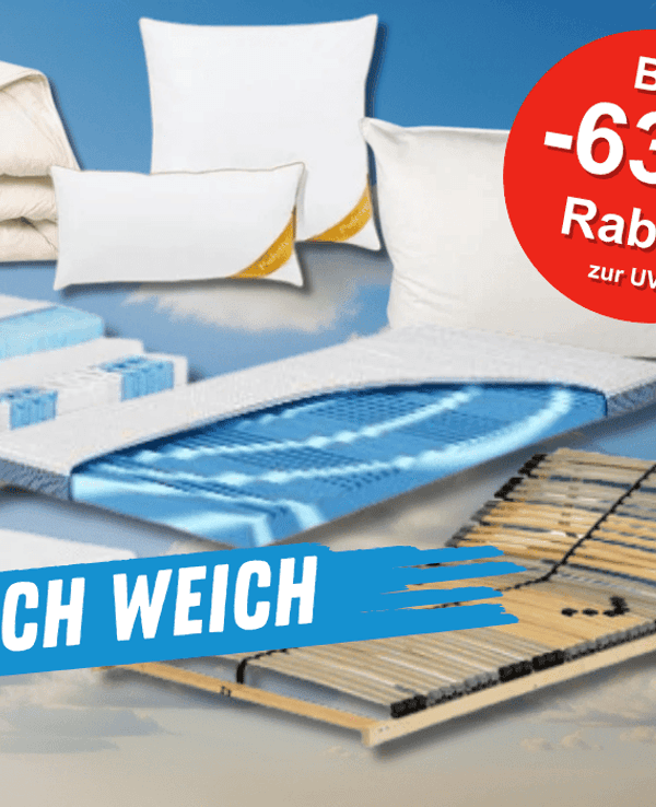 Verschiedene Produktbilder von Matratzen, Topper, Kissen und Bettdecken aus dem Lidl Onlineshop vor einem wolkigen Hintergrund.