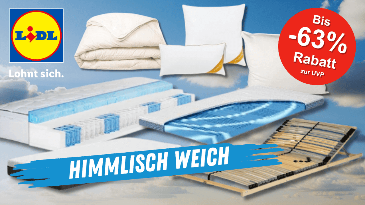 Verschiedene Produktbilder von Matratzen, Topper, Kissen und Bettdecken aus dem Lidl Onlineshop vor einem wolkigen Hintergrund.