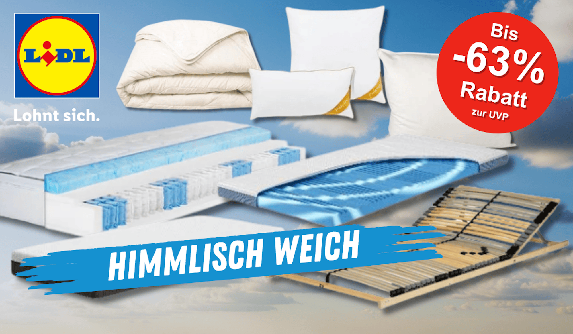Verschiedene Produktbilder von Matratzen, Topper, Kissen und Bettdecken aus dem Lidl Onlineshop vor einem wolkigen Hintergrund.