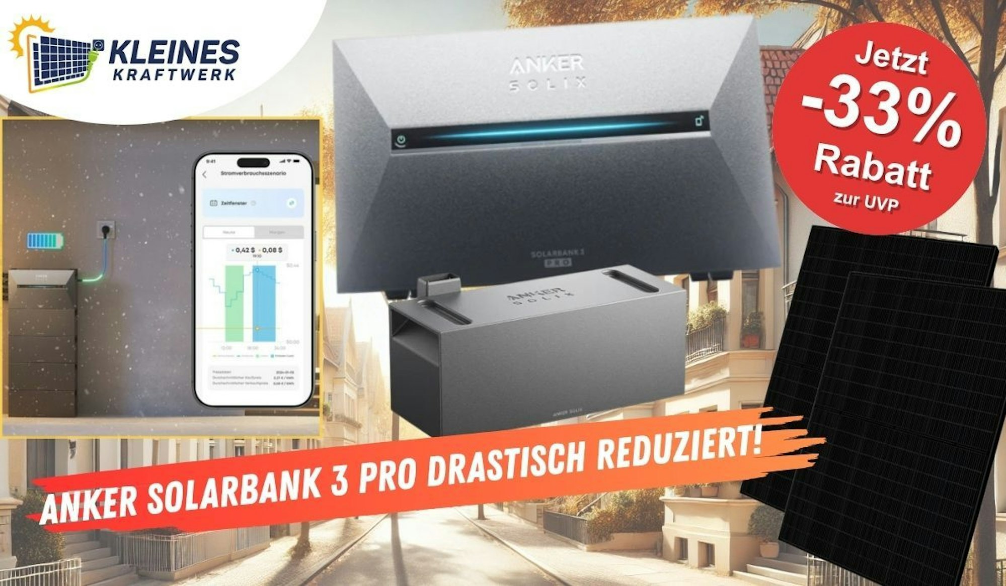 Anker Solarbank 3 E2700 Pro für die Erweiterung eines Balkonkraftwerk, daneben einige Solarmodule und ein Smartphone mit App. Im Hintergrund eine Straße in einer ruhigen Stadtgegend mit Einfamilienhäusern im Herbst.