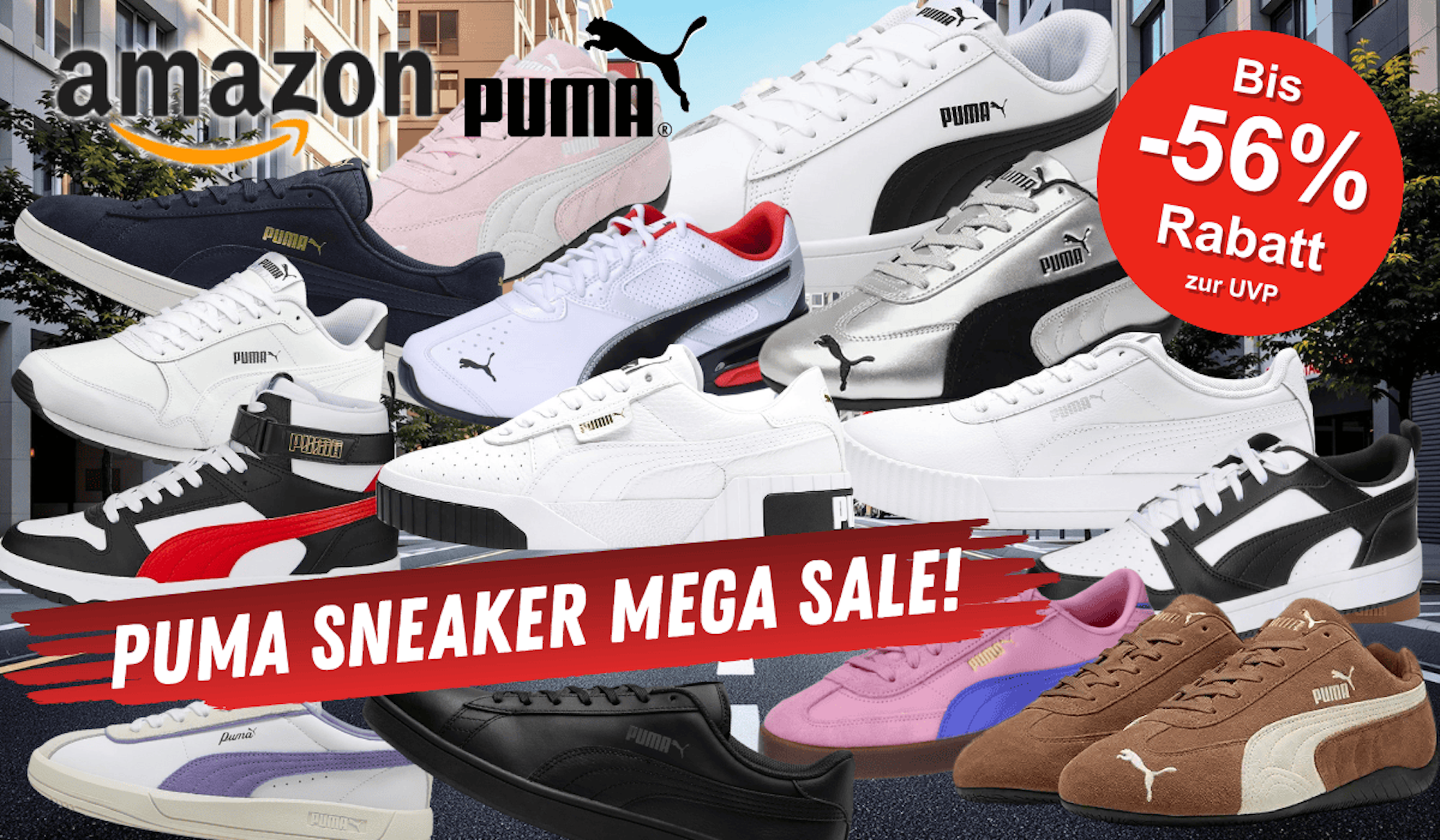Puma Sneaker Modelle wie Speedcats, Smash V2, Cali, Carina, St Runner oder Caven 2.0 in verschiedenen Farben vor einem Sportstadion im Hintergrund.
