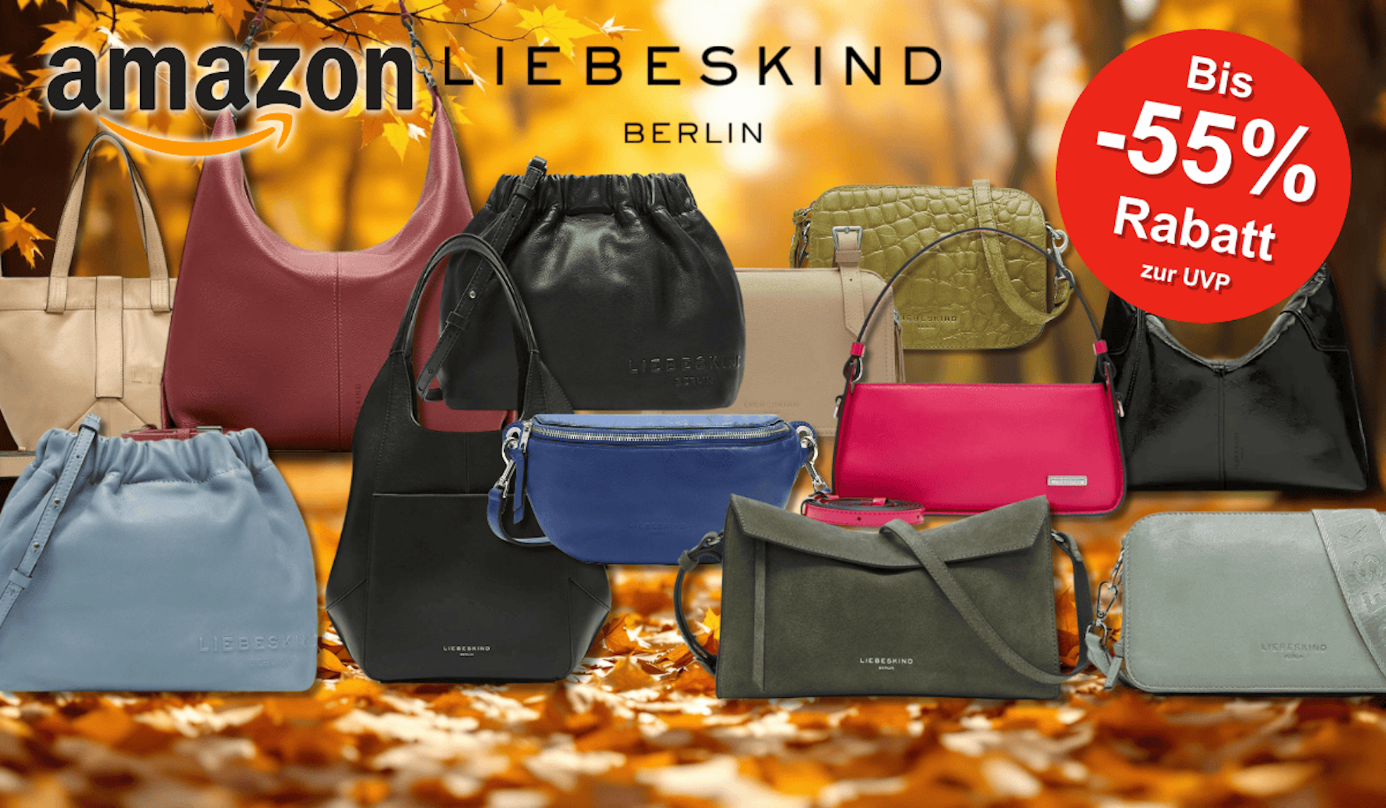 Darstellung verschiedener Liebeskind Berlin Handtaschen vor einem herbstlichen Hintergrund.