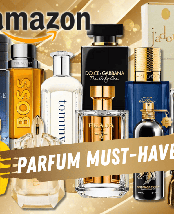 Zahlreiche bekannte Parfümmarken wie Dior, Carolina Herrera, JPG, Hugo Boss, Dolce & Gabbana und Yves Saint Laurent sind prominent vor einem edlen gold-braunen Hintergrund abgebildet.