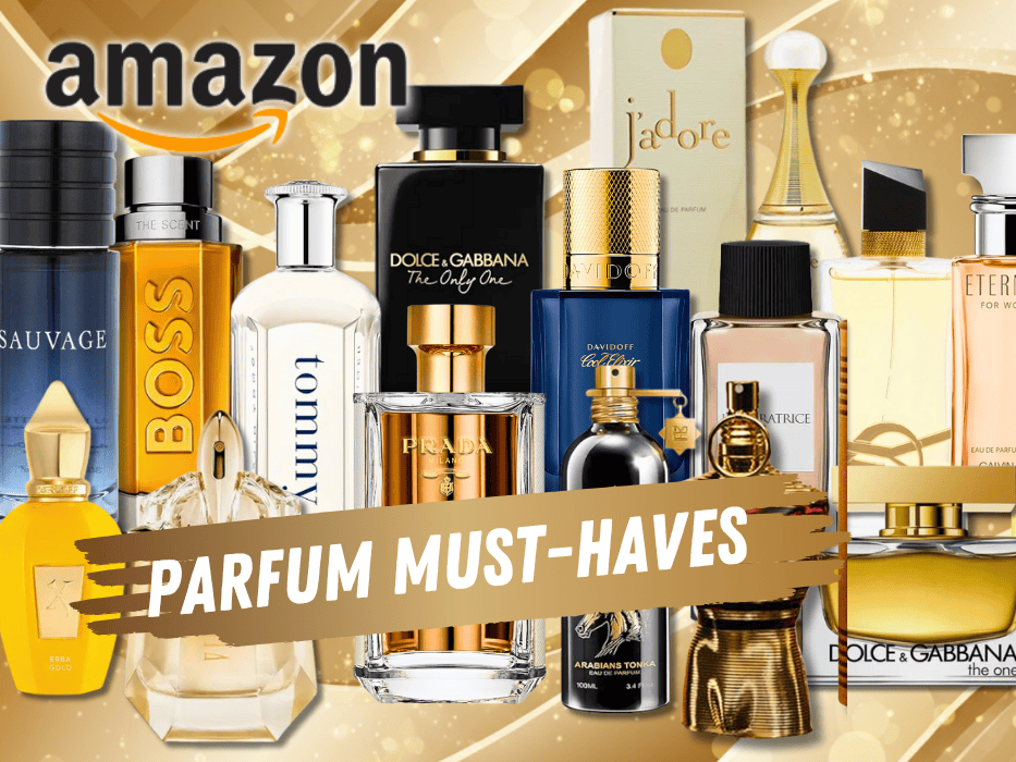 Zahlreiche bekannte Parfümmarken wie Dior, Carolina Herrera, JPG, Hugo Boss, Dolce & Gabbana und Yves Saint Laurent sind prominent vor einem edlen gold-braunen Hintergrund abgebildet.