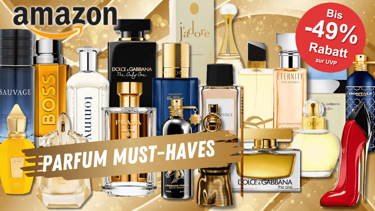 Zahlreiche bekannte Parfümmarken wie Dior, Carolina Herrera, JPG, Hugo Boss, Dolce & Gabbana und Yves Saint Laurent sind prominent vor einem edlen gold-braunen Hintergrund abgebildet.