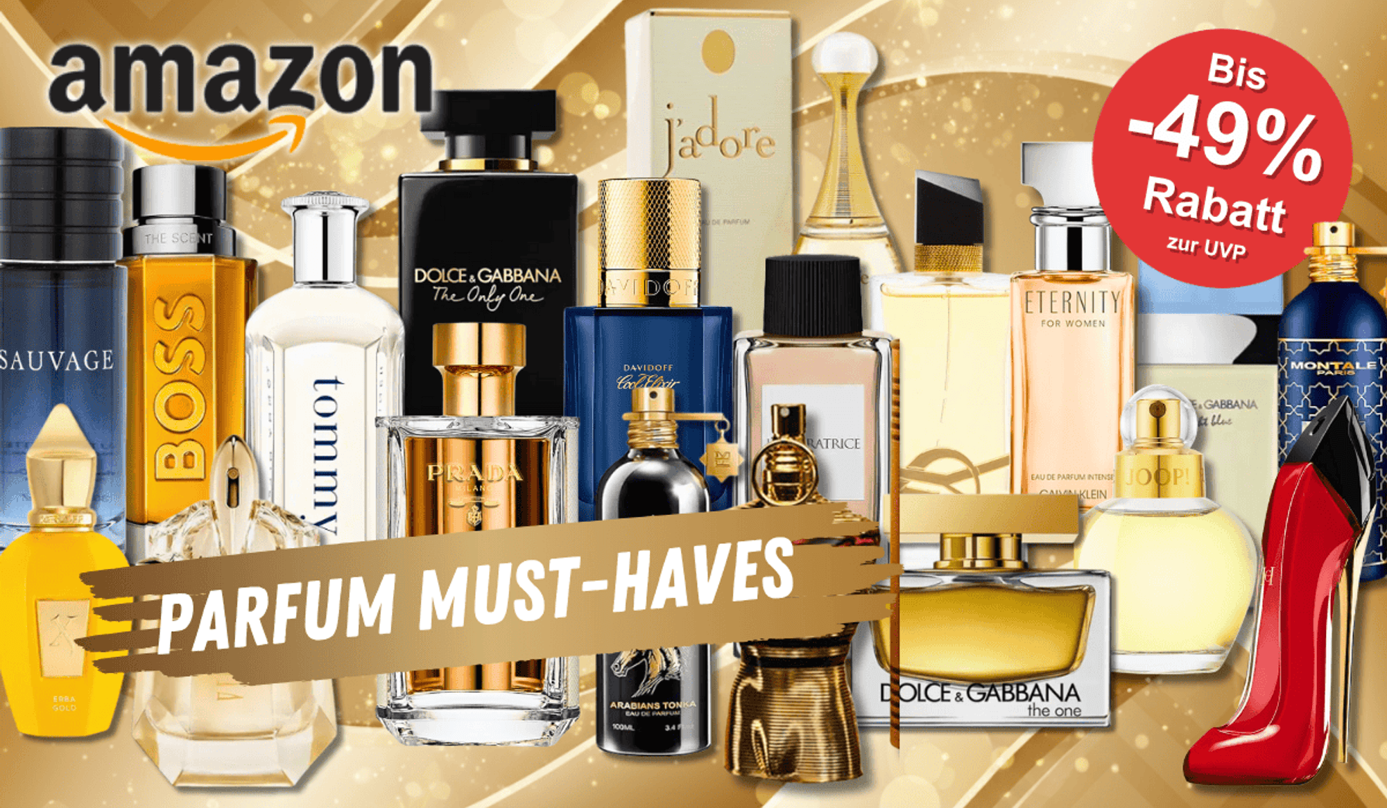 Zahlreiche bekannte Parfümmarken wie Dior, Carolina Herrera, JPG, Hugo Boss, Dolce & Gabbana und Yves Saint Laurent sind prominent vor einem edlen gold-braunen Hintergrund abgebildet.