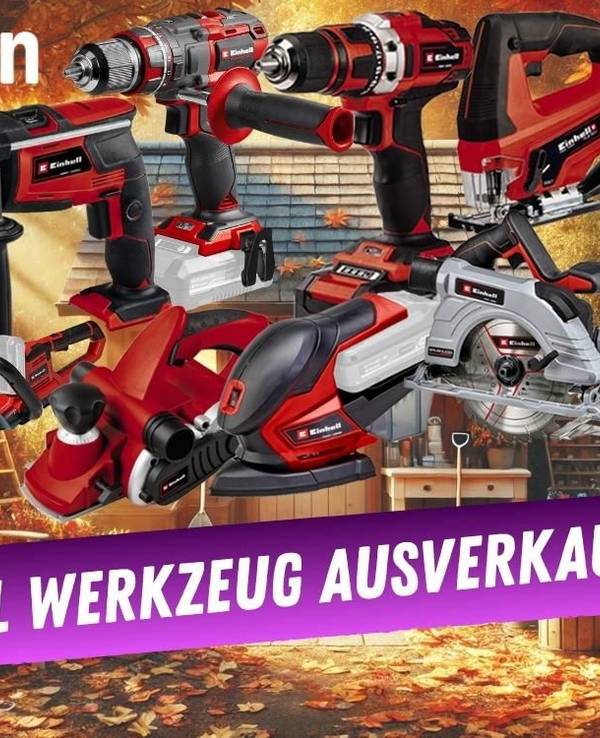 Sale bei Amazon: Einhell Werkzeug wie Winkelschleifer, Stichsäge, Akku-Bohrschrauber, Schlagbohrmaschine, Hobel vor einem Hintergrund einees idyllischen Gartenhäuschens mit Laube im Herbst.