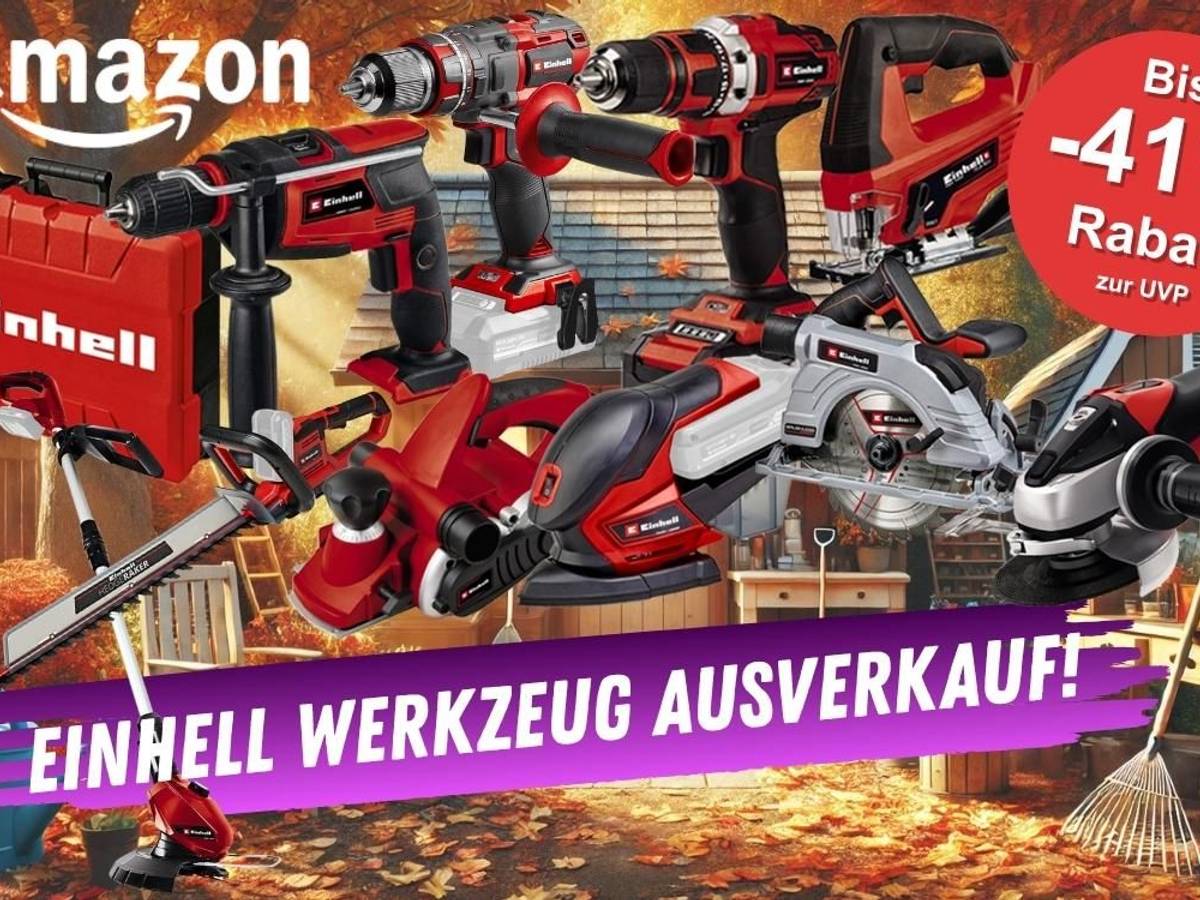 Sale bei Amazon: Einhell Werkzeug wie Winkelschleifer, Stichsäge, Akku-Bohrschrauber, Schlagbohrmaschine, Hobel vor einem Hintergrund einees idyllischen Gartenhäuschens mit Laube im Herbst.