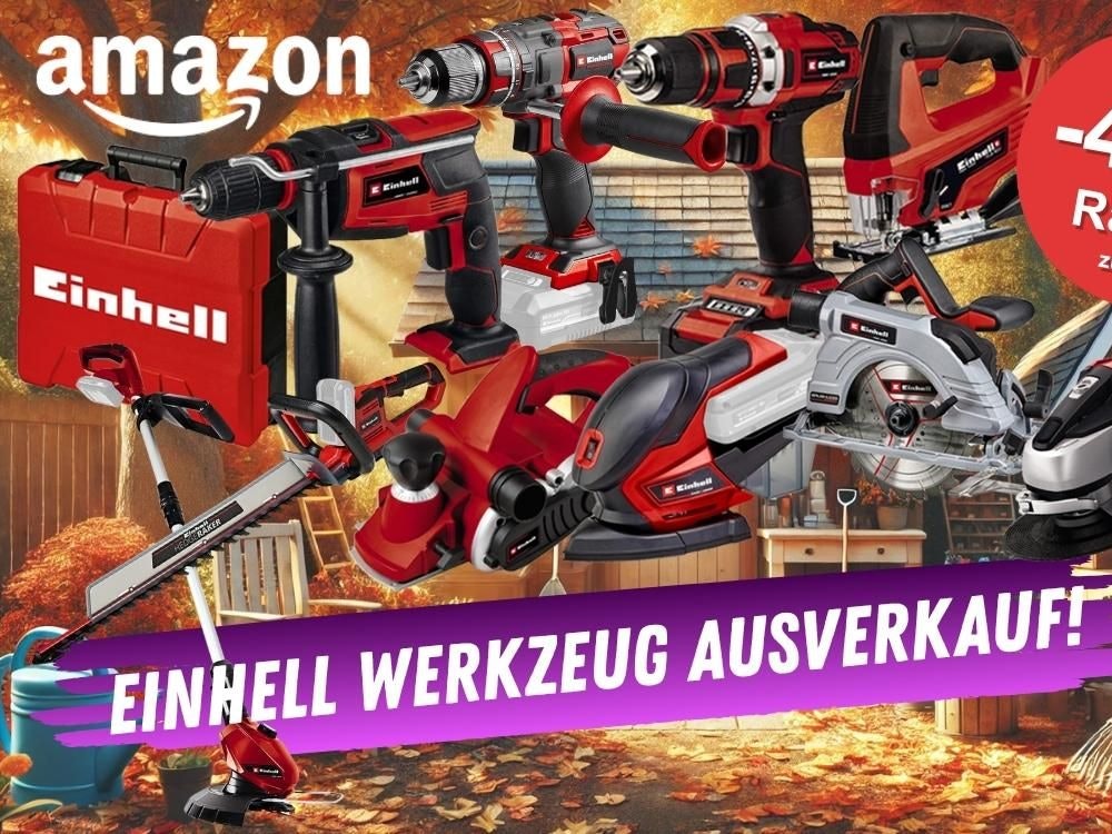 Sale bei Amazon: Einhell Werkzeug wie Winkelschleifer, Stichsäge, Akku-Bohrschrauber, Schlagbohrmaschine, Hobel vor einem Hintergrund einees idyllischen Gartenhäuschens mit Laube im Herbst.