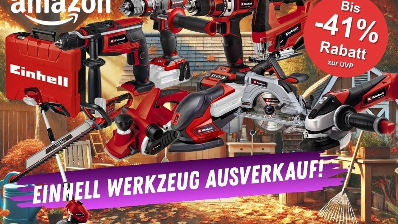Sale bei Amazon: Einhell Werkzeug wie Winkelschleifer, Stichsäge, Akku-Bohrschrauber, Schlagbohrmaschine, Hobel vor einem Hintergrund einees idyllischen Gartenhäuschens mit Laube im Herbst.