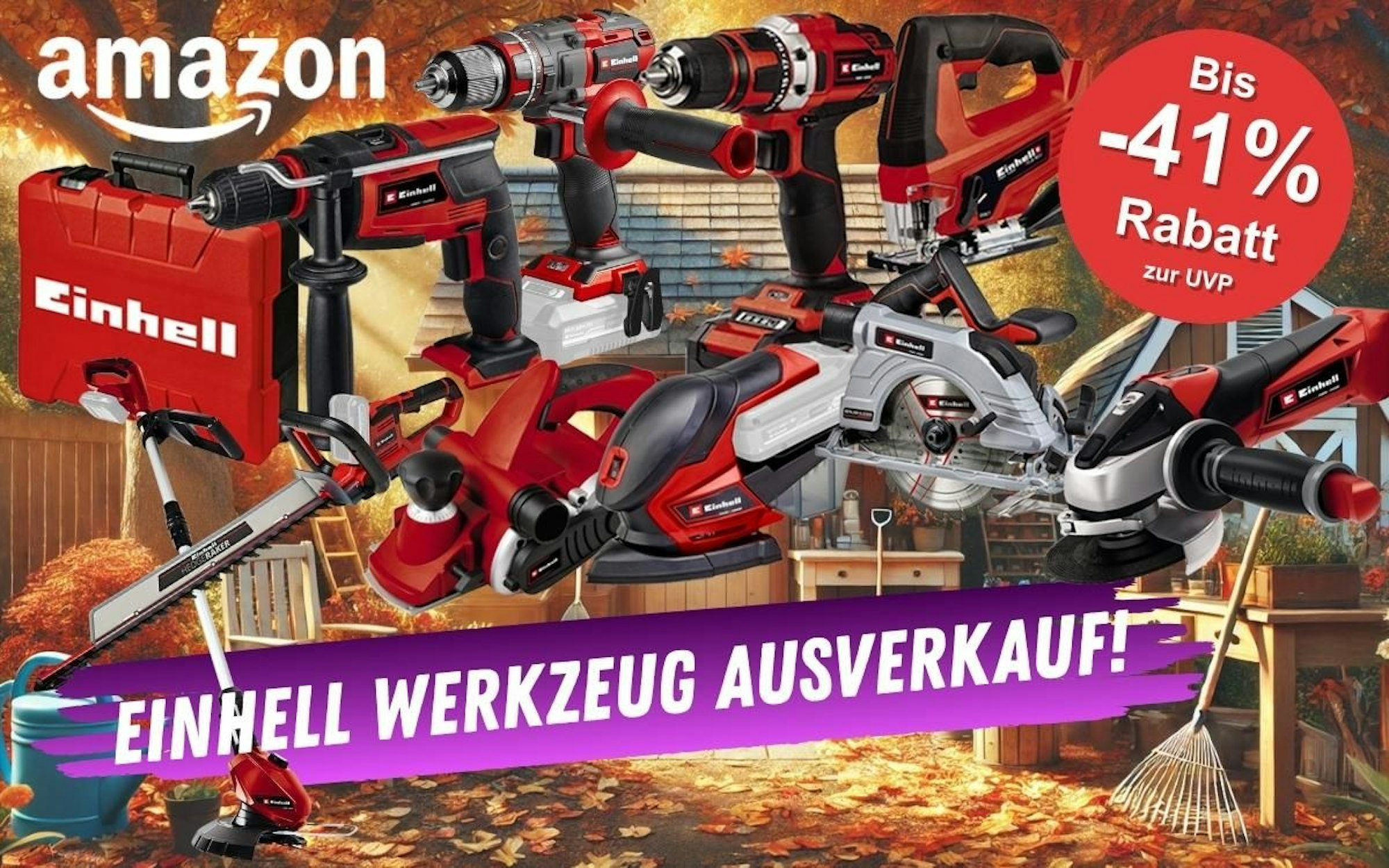 Sale bei Amazon: Einhell Werkzeug wie Winkelschleifer, Stichsäge, Akku-Bohrschrauber, Schlagbohrmaschine, Hobel vor einem Hintergrund einees idyllischen Gartenhäuschens mit Laube im Herbst.