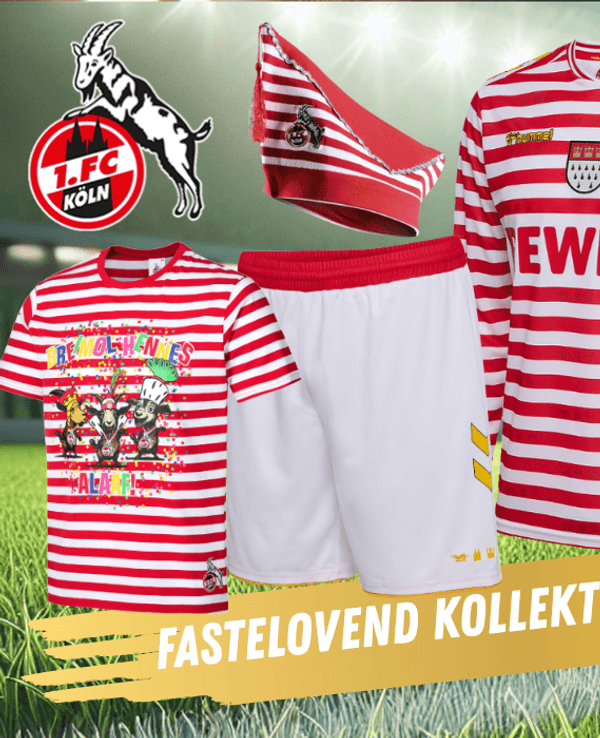 Auf dem Bild wird die neue Fastelovend Kollektion des 1. FC KÖLNS in Szene gesetzt.