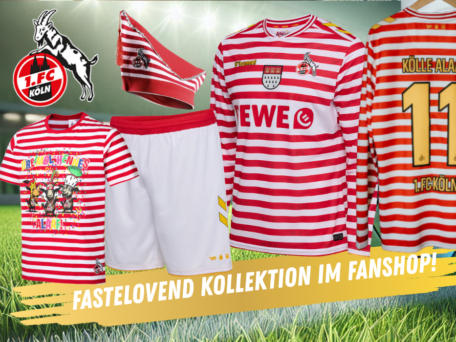 Auf dem Bild wird die neue Fastelovend Kollektion des 1. FC KÖLNS in Szene gesetzt.