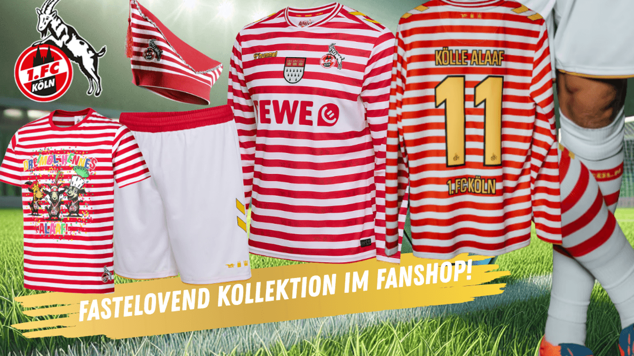 Auf dem Bild wird die neue Fastelovend Kollektion des 1. FC KÖLNS in Szene gesetzt.