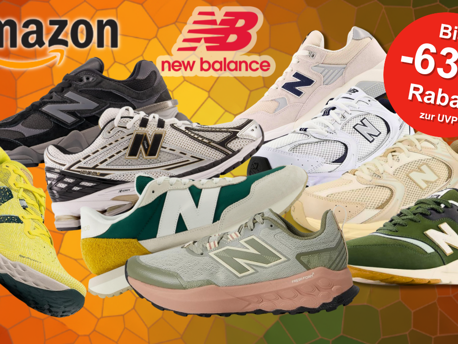 Produktbilder von verschiedenen New Balance Modellen vor einem blauen Hintergrund.