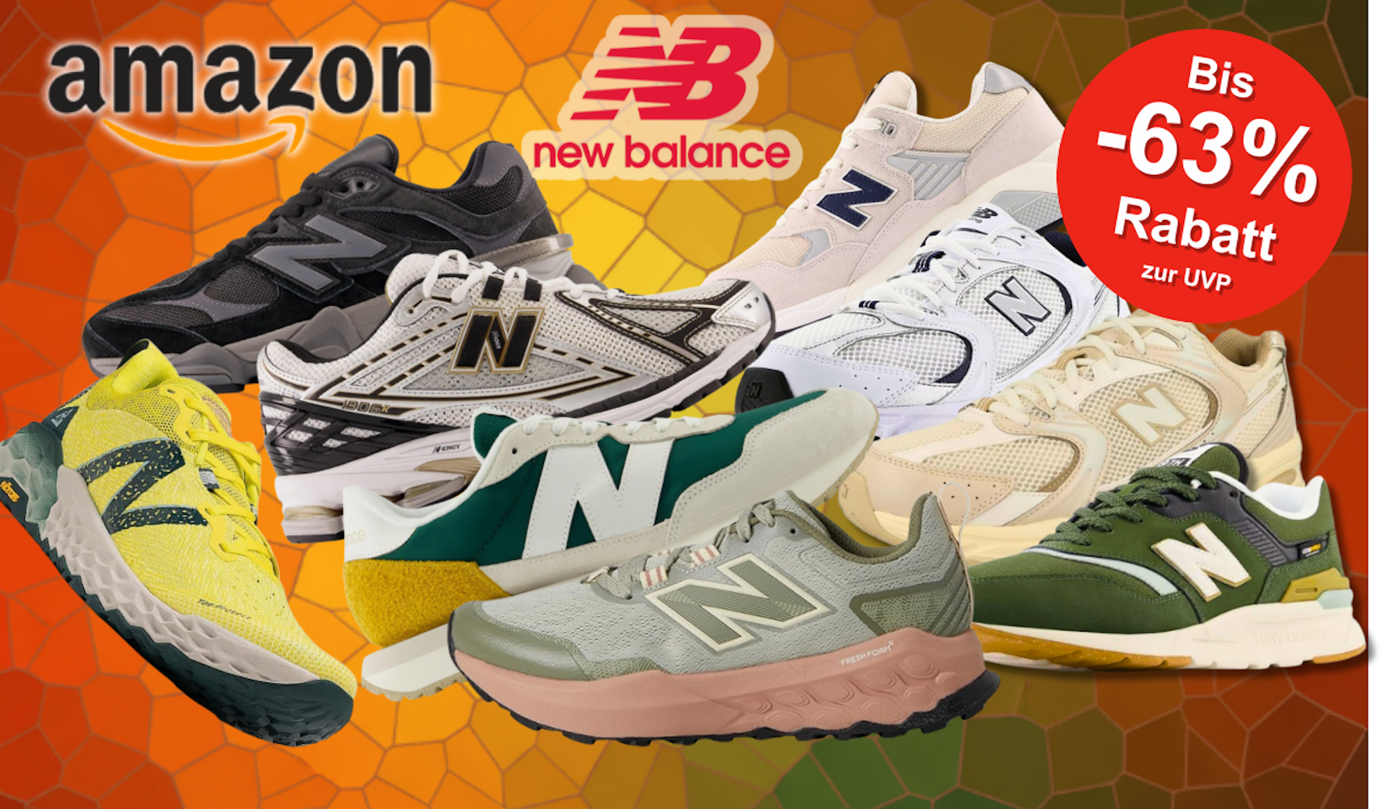 Produktbilder von verschiedenen New Balance Modellen vor einem blauen Hintergrund.