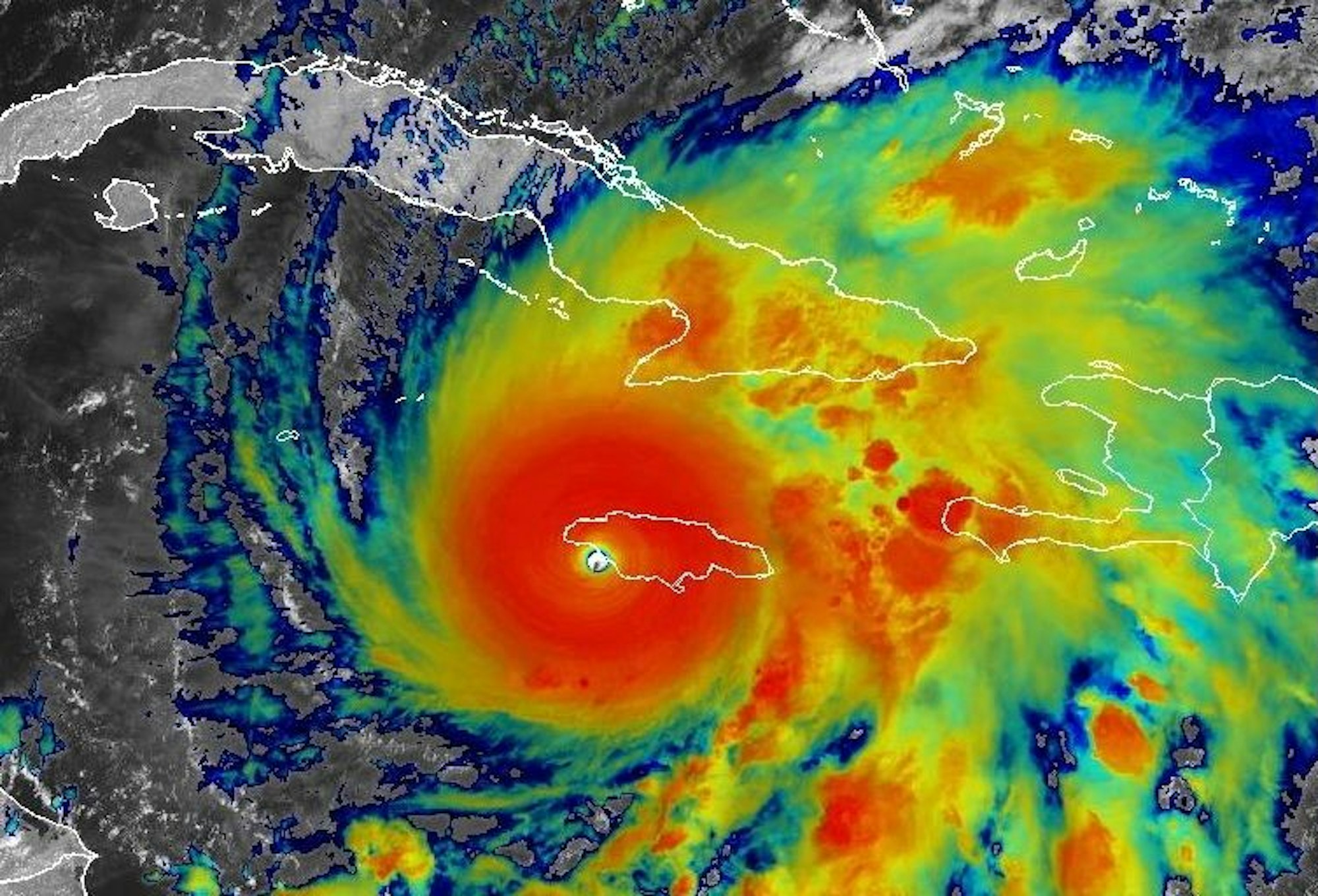 Dieses von der National Oceanographic and Atmospheric Administration (NOAA) zur Verfügung gestellte Satellitenbild zeigt den Hurrikan ´Melissa», der auf die Insel Jamaika trifft.